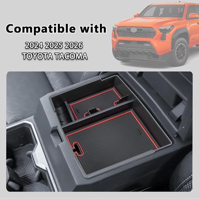Center Console Organizer Compatible with 2024 2025 2026 Toyota Tacoma Console Armrest Storage Box Interior Insert Storage Tray Secondary Accessories(Red)