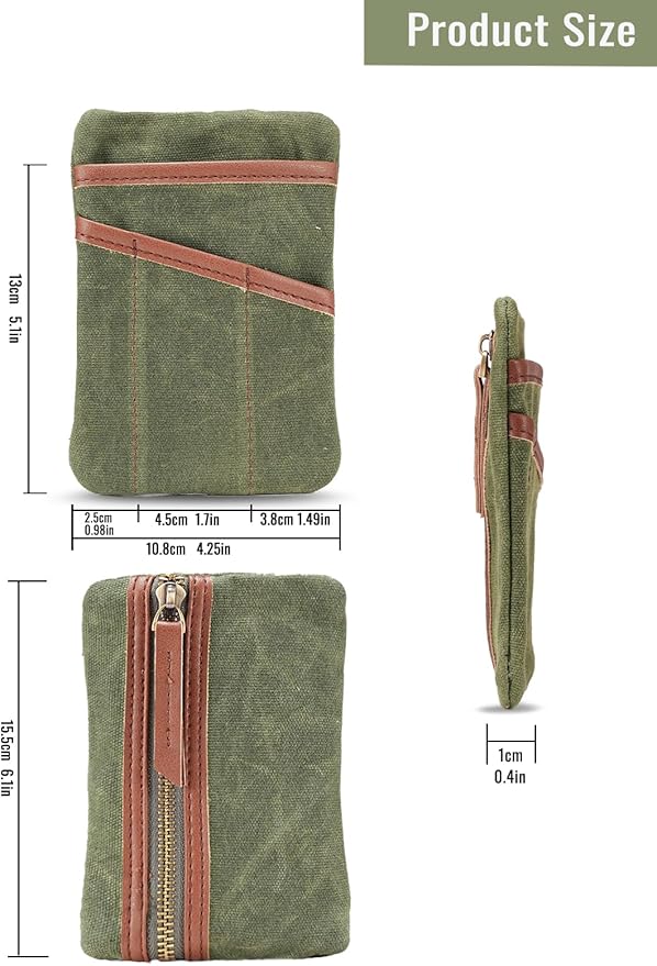 SP4 Waxed Canvas Compact EDC Pocket Organizer, Zippered Pocket Pouch for Men, Mini EDC Organizer for Change, Notebook, Tactical Pen, Flashlight