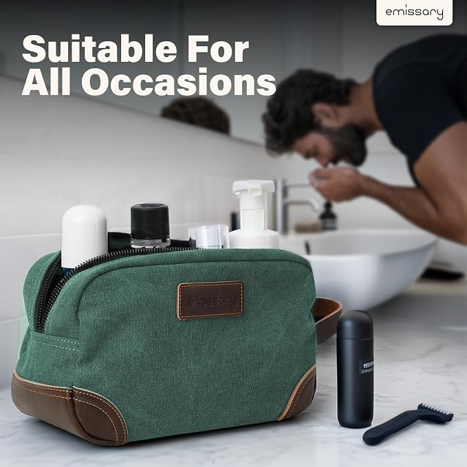 emissary Men's Toiletry Bag, Leather and Canvas Travel Toiletry Bag, Dopp Kit for Men, Travel Bathroom Bag Men's Shaving Kit, Travel Kit Small Bags for Men, Shaving Bag for Travel Accessories (Green) | Durable canvas & PU leather, water-resistant linin...
