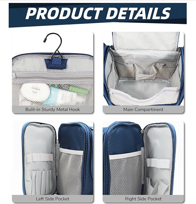 Buruis Hanging Toiletry Bag for Women and Men, Large Water-Resistant Makeup Organizer with Sturdy Hook, Lightweight Nylon Dopp Kit for Full-Sized Toiletries & Cosmetics, Blue