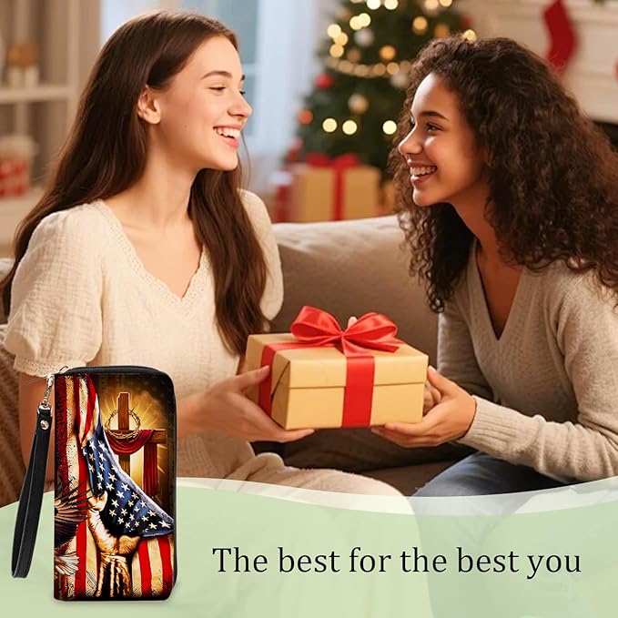 Christian Gifts Womens Wallet - Small Slim PU Leather Wallet for Women with Zipper Coin Purse, Credit Card Holder Wallets, Wristlet Wallets for Female Ladies Teen Boys Girls (Cross & Flag)
