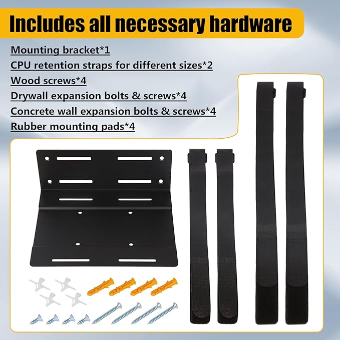 SFF Under Desk PC Mount and Wall Mount Bracket, Heavy-Duty Steel Adjustable CPU Holder for Small Form Factor Towers, UPS, Mini PC, Versatile Mounting with Straps & Hardware Included