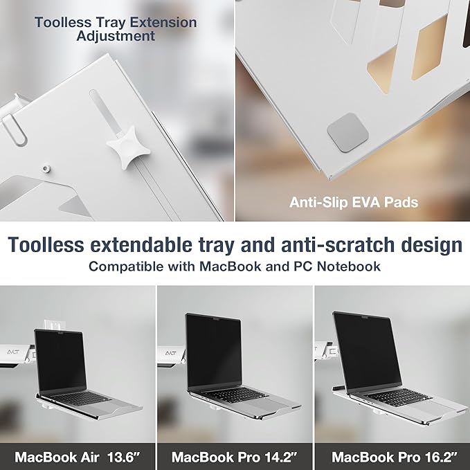 AVLT Adjustable Laptop Tray with Support for 120mm Fans Compatible with VESA 75x75 Monitor Arm - Suitable for Laptops Up to 17Inch - White (Fan Not Included)