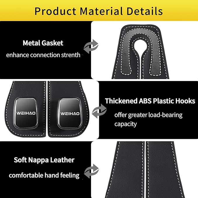 WEIHAO Wide Purse Hook for Car, Twin Hook Leather Car Headrest Hangers, Car Seat Back Storage Hook, Headrest Hooks Purse Bag Holder for Car Universal Fit Sedan Trucks SUVs Most Vehicles (Black-1PC)