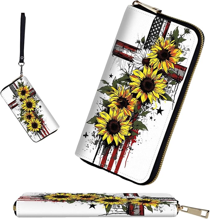 RFID-Blocking Zip Around Wallets for Women with Detachable Wrist Strap,Large Capacity Phone Holder with Card Organizer & Coin Pocket,Cross American Flag Sunflower