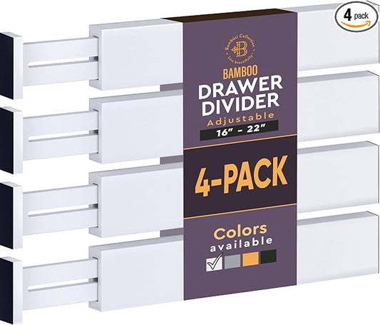4-Pack Drawer Divider - 2.6" High, 16" to 22" Adjustable Bamboo Drawer Organizers for Clothes, Expandable Dresser Separators in Bedroom/Bathroom/Kitchen/Office Organization and Storage (White)