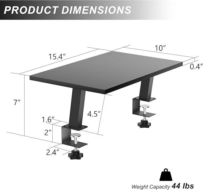 15-Inch Desktop Clamp-on Shelf & Monitor Riser, 2-in-1 Reversible Design ??Fits Either Side of Desk, C-Clamp for Stability, Holds 44 lbs, for Gaming PC, Console & Office Setup