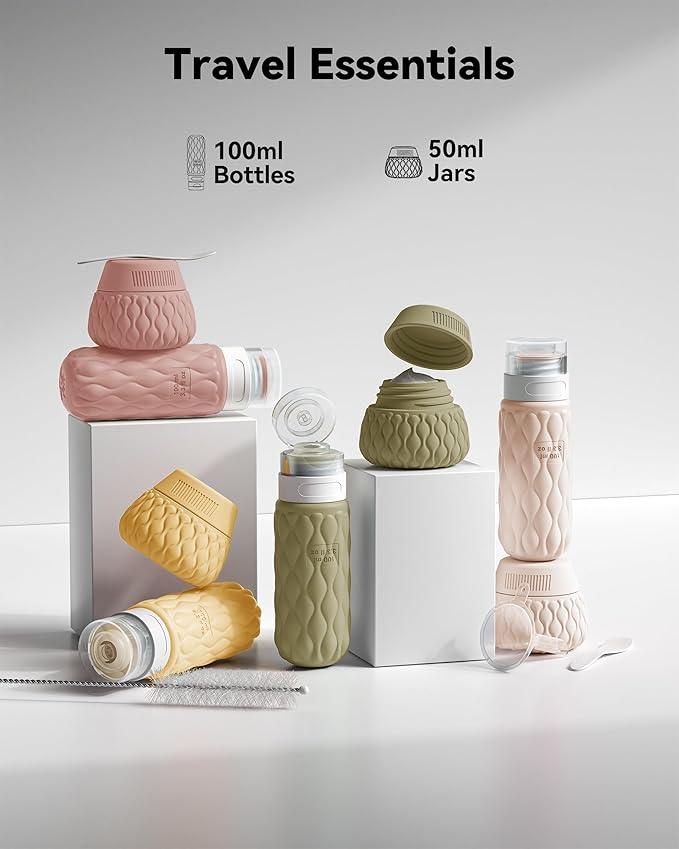 Silicone Travel Bottles for Toiletries 8 Pack Travel Size Toiletries 3.4 oz 1.7 oz, Leakproof Squeeze Travel Size Containers Refillable Cosmetic Jars Set for Shampoo, Conditioner, Creams