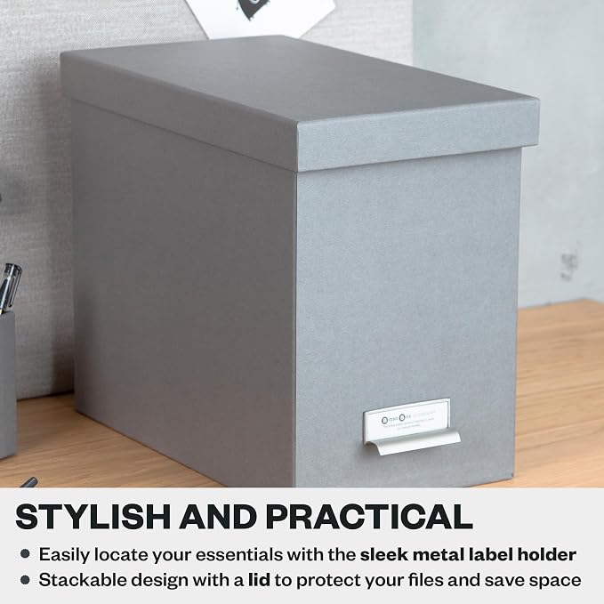 Bigso John Fiberboard Label Frame Desktop File Storage Box - Document Organizer for Important Paperwork - Durable Hanging File Box with a Lid & Metal Label Window - 7.36 x 13.38 x 10.51 in - Grey