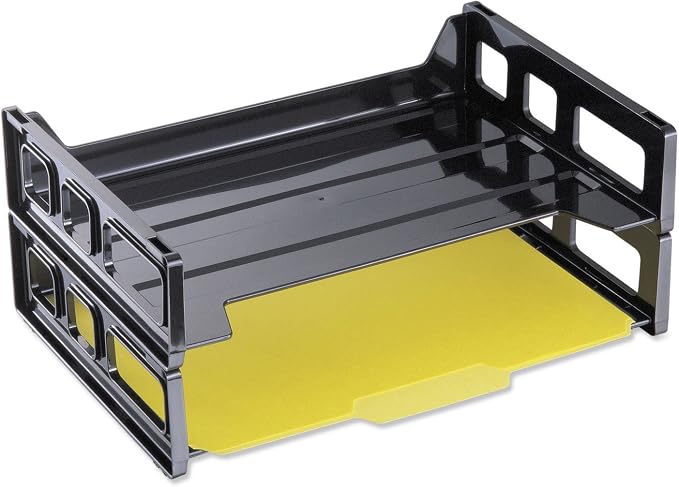 Stackable Desk Tray Organizer Black - Plastic Paper Tray for Letter Size Documents, Desktop File Organizer with 2 Sections, Home, Office, School Desk Paper Organizer - Pack of 6