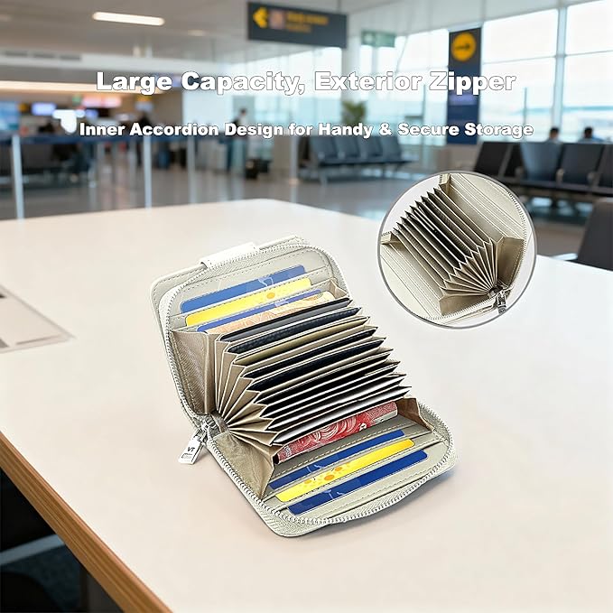 Credit Card Wallets for Women, Leather Cardholder with Zipper Around, Small Rfid Ladies Wallet, Accordion Compact Bifold Purse for Travel, 19 Card Slots, ID Window, Cash Organizer - White