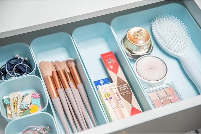 Backerysupply Set Of 12 Blue Color Plastic Desk Drawer Organizers For Makeup Bathroom Office Kitchen Vanity Drawer Storage Box Container