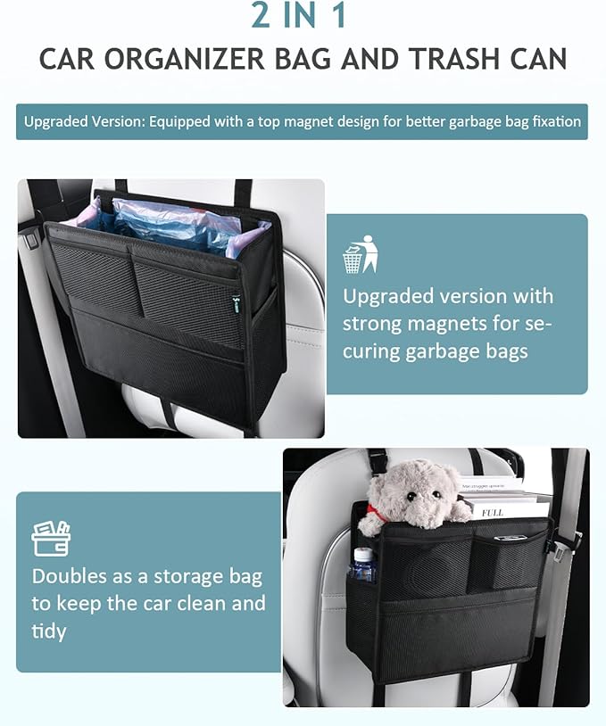 FLORICH Car Backseat Organizer and Trash Can 2-in-1, Premium Hanging Front and Seat Back Organizer, Waterproof Organizer Storage Upgraded for Car Truck SUV