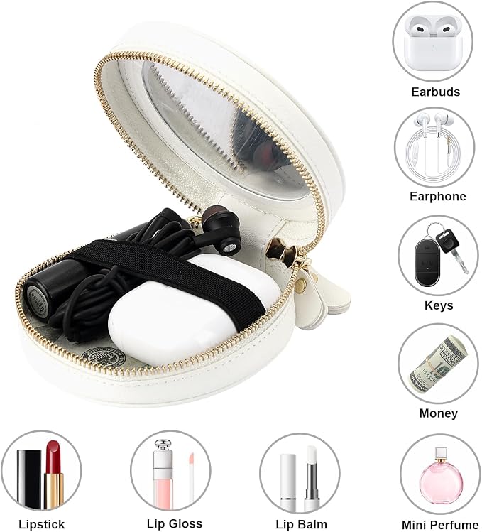 Bocasal Coin Pouch Mini Lipstick Cosmetic Bag with Airtag Holder Mirror, Leather Zipper Travel Makeup Bag Organizer Keychain Ring Clasp for Key Earbuds Earphone Lip Gloss Chapstick Women Girls (White)