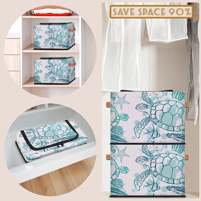 Sea Turtle Ocean Storage Bins With Zipper Lid, Collapsible Trunk Organizer, Car Organizers and Storage Bins with Lids, Decorative Storage Boxes with Handle, Home Storage Baskets for Organizing