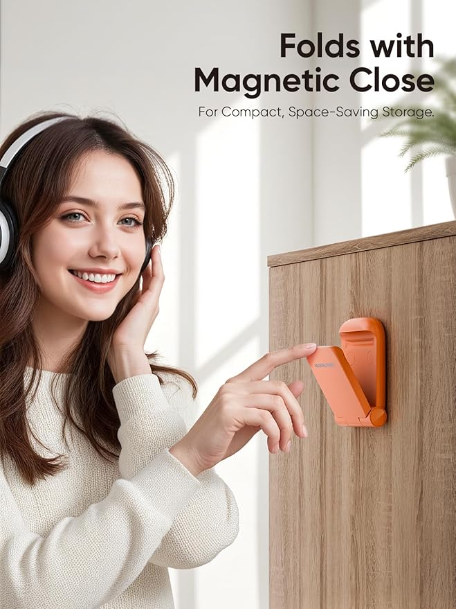MAMUVIMO Headphone Stand, Headset Stand Foldable ＆ Sticky, Headphone Holder Hook Mount with Non-Slip Silicone, Adhesive Earphone Desk Hanger Clip Space-Saving for Airpods Max, All Earphones- Orange