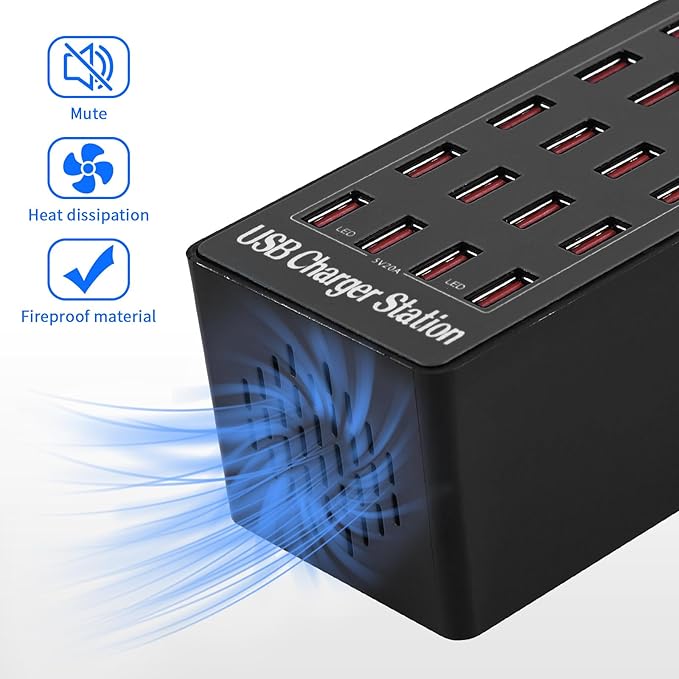 Charging Station, 100W 20-Port USB Multi Device Charger Hub with Intelligent Safety Features, Compact Power Strip for Phones, Watches, Pads, Speakers, Headphones & PS, Ideal for Home Office & Travel