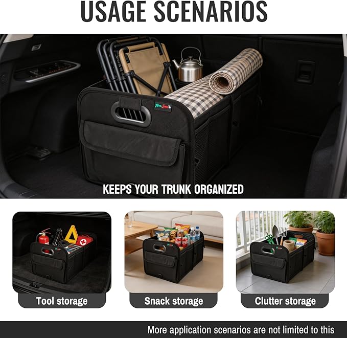 PAT SAM'S Trunk Organizer for SUV, Foldable Car Storage Organizer with Dividers, Waterproof Oxford, Collapsible Car Storage Box with Pockets for Grocery, Tools, Travel (Black)