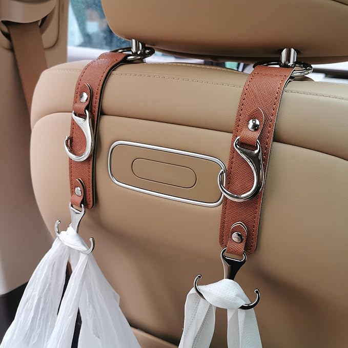 Car Purse Hook for Men Women-Upgraded 3 in 1 Stronger Superior Leather Car Purse Holder Vehicle Seat Headrest Hanger Hooks for Grocery Bag Coats Umbrellas Handbag Car Hooks Car Accessories Interior