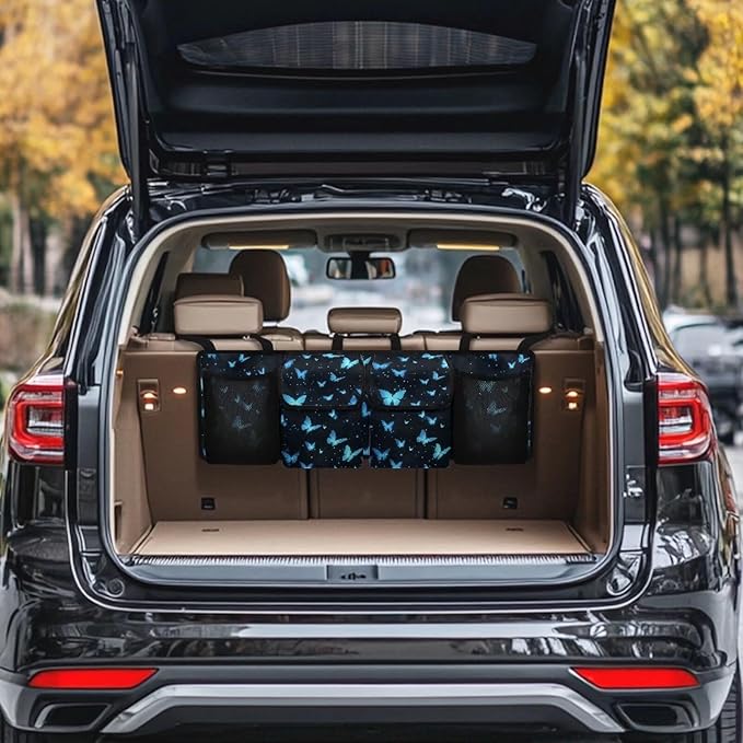 Blue Butterfly Print Car Trunk Organizer with 4 Pockets Hanging Car Backseat Storage Bag Detachable Car Storage Accessories for SUV Sedans Hatchback Crossover Minivan