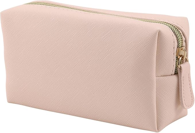 Leather Makeup Bag for Purse Travel, Portable Small Cosmetic Organizer for Women and Girls, Make up Bag with Zipper