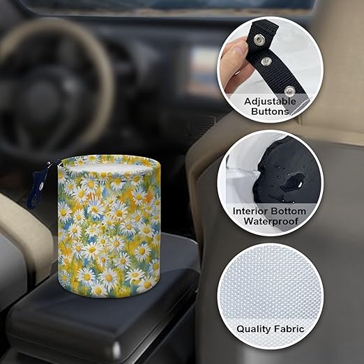 White Daisy Car Garbage Trash Can Foldable Waste Basket Container Bag Bin Portable Cup Holder Organizer with Strap Universal Car Interior Accessories for Fit Most Cars, SUVs, Trucks