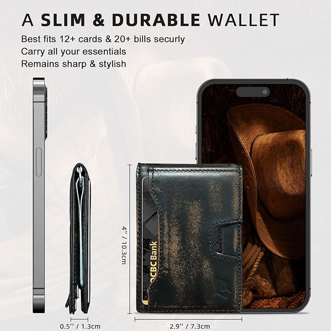 Slim Minimalist Wallet for Men- Money Clip Wallet | Bifold Men Wallets | RFID Blocking Wallet | Genuine Leather Wallets for Men | 12 Card Holder Mens Wallet | Mens Front Pocket wallet