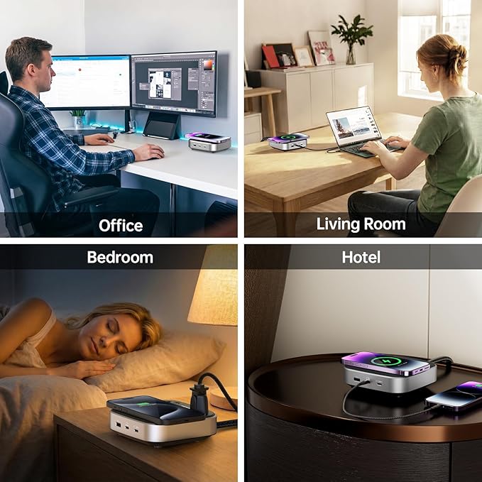GaN Multi Charging Station 67W, 6 in 1 iPhone Charging Station with USB Ports, Wireless Charging, 2× AC Outlets, Desktop/Bedside/Nightstand Power Station, Hotel-Grade Design, Grey