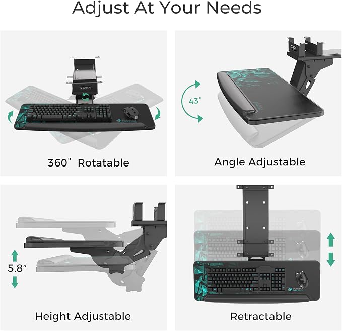EUREKA ERGONOMIC Height Adjustable Mouse & Keyboard Tray Under Desk, 28x10'' Large Slide Out Swivel Tilt Computer Keyboard Drawer with Pad for Gaming Home Office, Dual Mount