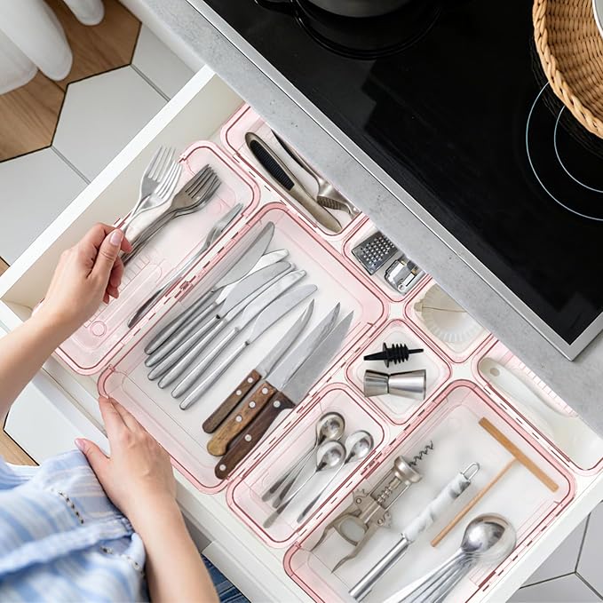 20 Pcs Adjustable Clear Drawer Organizer, Extendable Vanity Storage Bins, Desk Drawer Organizer Set for Makeup, Cosmetics, Bedroom, and Gadgets, Pink