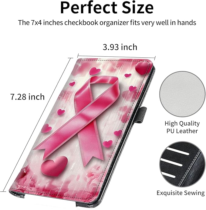 FUYOCWE Checkbook Covers for Personal Checkbook,RFID Blocking Leather Check Book Covers Wallet with Pen Holder & Card Slot for Women -Pink Ribbon Breast Cancer Awareness