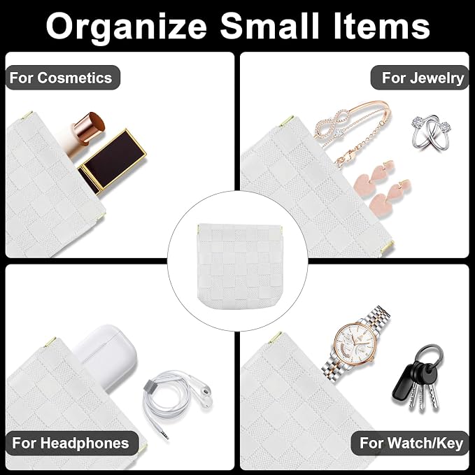3Pcs Small Makeup Bag for Purse, Waterproof Portable Checkered Leather Makeup Pouch, Small Purse Pouches for Purse Small Coin Purse Organizer Pouches Snap Closure Pocket Cosmetic Bag for Women (White)