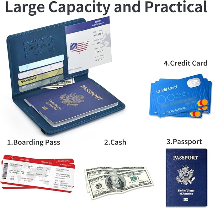 Passport Holder, Passport Cover with Credit Card Slot and Boarding Pass Slot Combo, Passport Wallet Case Book Travel Must Have, RFID Blocking Leather Travel Accessories, Navy Blue