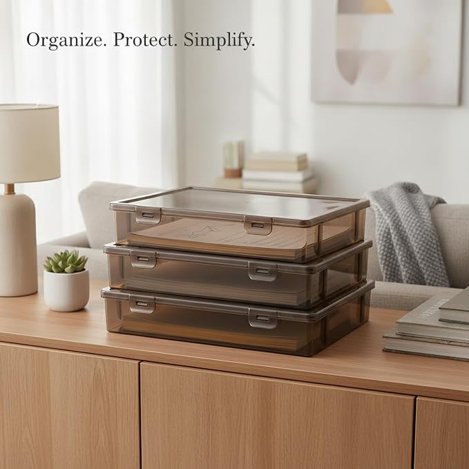 Stackable Document Storage Box with Lid, Rigid PP Plastic File Organizer for Letter & A4 Papers, Brown