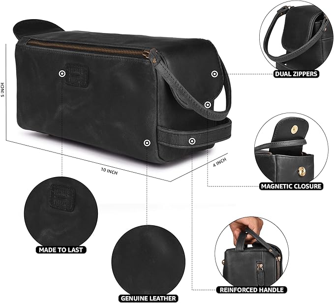 LEATHER VILLAGE Genuine Leather Travel Toiletry Bag - Water-Resistant Dopp Kit for Toiletries, Large Shaving Bag & Bathroom Organizer - Gift for Men & Women - Distressed Black