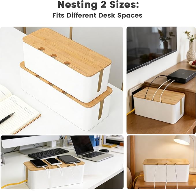 2 PCS Large Cable Management Box – Wooden Style Cord Organizer and Cover for TV Wires, Computer, Router, USB Hub and Under Desk Power Strip – Safe ABS Material