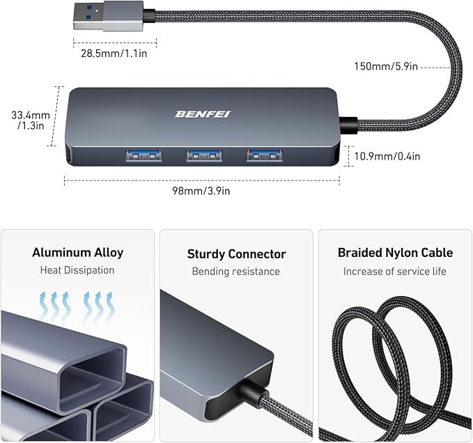 BENFEI USB 3.0 Hub, 4 Ports USB A Splitter Ultra-Slim Expander for Mouse, Keyboard, Flash Drive, U Disk, Printer Compatible with Laptop, Desktop PC, Xbox, PS5, and More