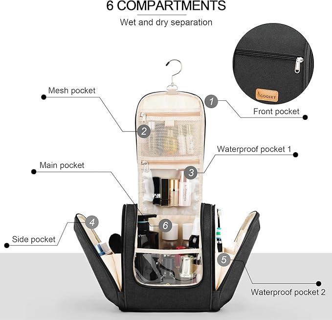 COOSKY Hanging Travel Toiletry Bag for Women and Men, 6 Organizer Compartments, Large Toiletries essentials, Bathroom Cosmetic Accessories, Water-resistant Makeup Bag, Holds Full-Size Shampoo, Black