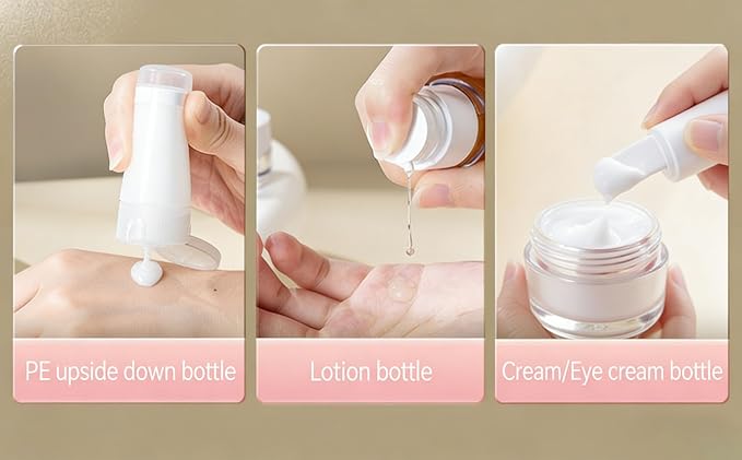 7 PCS Travel Size Bottles for Toiletries， Travel Bottles Set,Leak Proof Toiletry Containers with Graduated Vacuum Atomizer for Shampoo Lotion and Cosmetics
