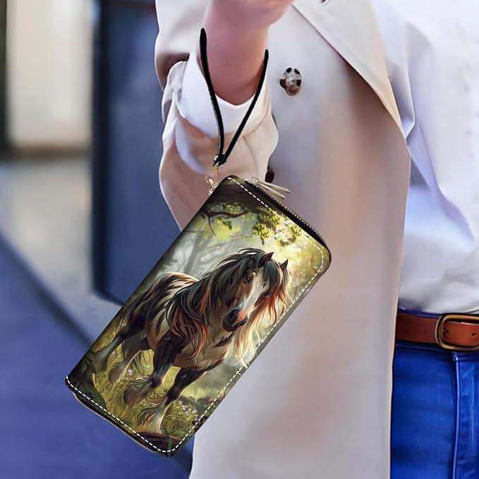 Women's Large Capacity Wallet PU Leather Double Zipper Clutch Purse Multifunctional Wallet with Removable Wristlet Strap for Smart Phone/Coin/Card/Cash, Horse