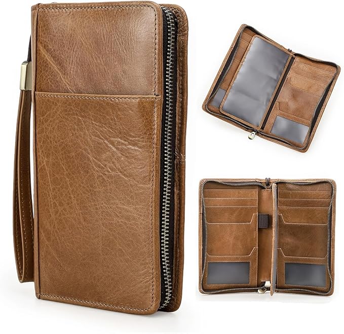 CONTACTS Full Grain Leather Travel Family Passport Holder for 4 Passport Wallet RFID Blocking Passports Organizer 3 Layer Design Fit 4 Passports, 13 Credit Cards (Camel Brown)