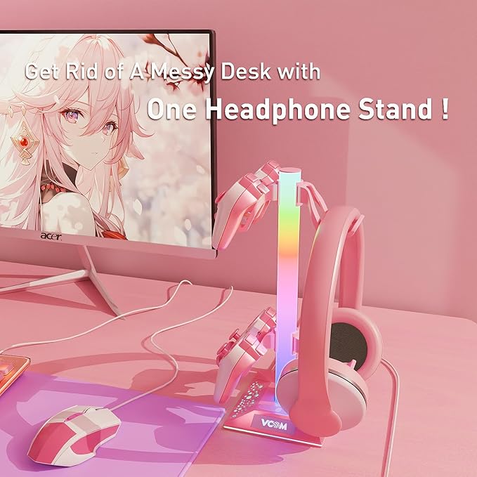 VCOM RGB Gaming Headphones Stand with 2 USB Ports, Pink Headset Stand with 10 Light Modes and Non-Slip Rubber, Suitable for PC Desk Accessories Gamers Gift(Pink)