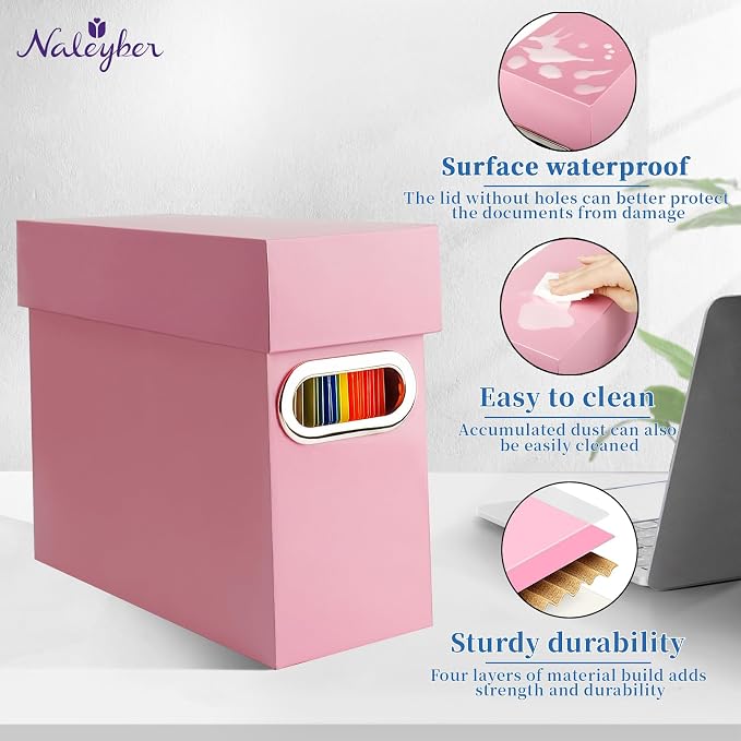 File Organizer Box with Lid & Handle, Thickened Cardboard Hanging File Folder Storage Boxes for Letter Size, Portable Filing Organizer for Office, Home, Classroom, Pink 2 Pack