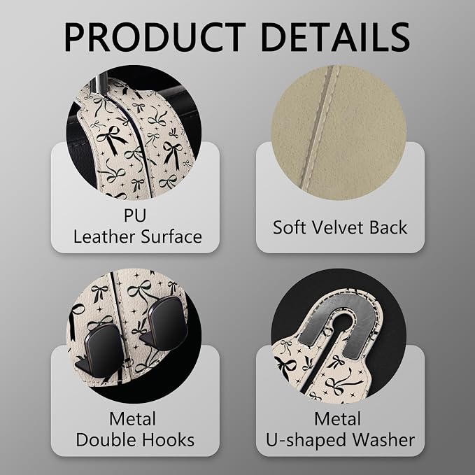 Blusabaca 2PCS Car Hooks for Purses Bags, Cute Black Ribbon Bow Seat Back Storage Headrest Holder Hanger PU Leather Double Metal Backseat Organizer, Women Car Accessories Organization