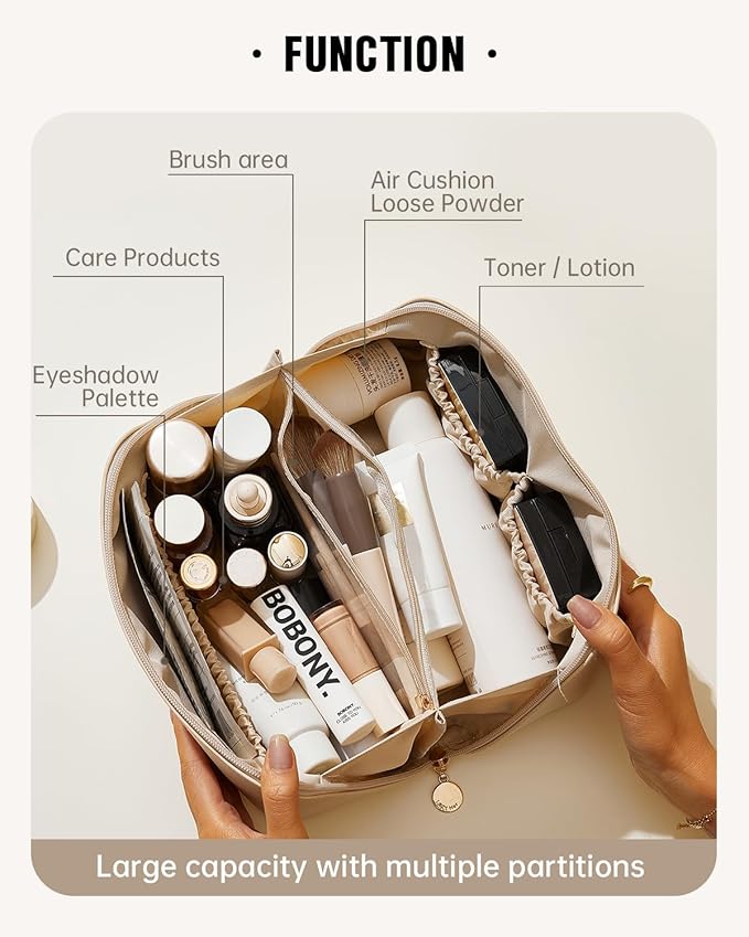 EACHY Travel Makeup Bag, Large Capacity Cosmetic Bag for Women, Waterproof PU Leather, Flat Open Portable Toiletry Bag for Skincare, Brushes & Travel Essentials