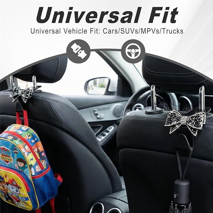 2PCS S-Type Bling Car Seat Headrest Hooks, Crystal Rhinestone Bow Seat Hooks for Purses and Bags, Rhinestone Car Accessories for SUV, Truck, Sedan (Black)