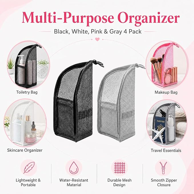 Standing Toiletry Bag, 4 Pcs Portable Lightweight Toiletry Bag for Travel, Waterproof EVA Mesh Large Capacity Toiletries Organizer Bag Cosmetic Zipper Pouch, Travel Essentials for Women Men
