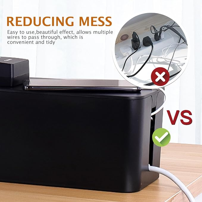 Cable Management Box Cord Organizer for Home Office, Compact Black Plastic Power Strip Cord Hides Box with Lid for Desk and Electronics Storage