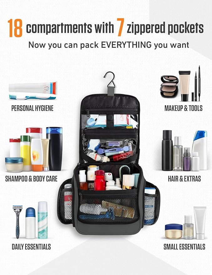 VENTURE 4TH Hanging Travel Toiletry Bag for Women & Men – Large Toiletry Organizer with 18 Compartments, Removable TSA Pouch, Travel Wash Bag for Toiletries, Makeup & Shaving Kit (Gray)