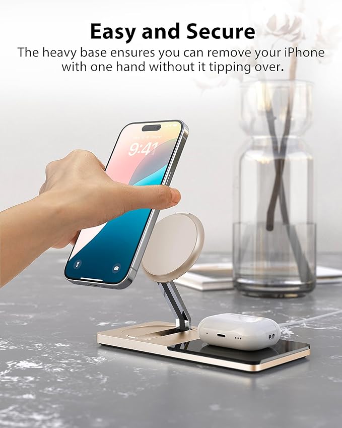 Wireless Charging Station for iPhone & AirPods: Foldable Charger Stand with MagSafe, 2-in-1 Magnetic Charger Stand for iPhone 12-15 & iPhone 16 & AirPods (No AC Adapter)
